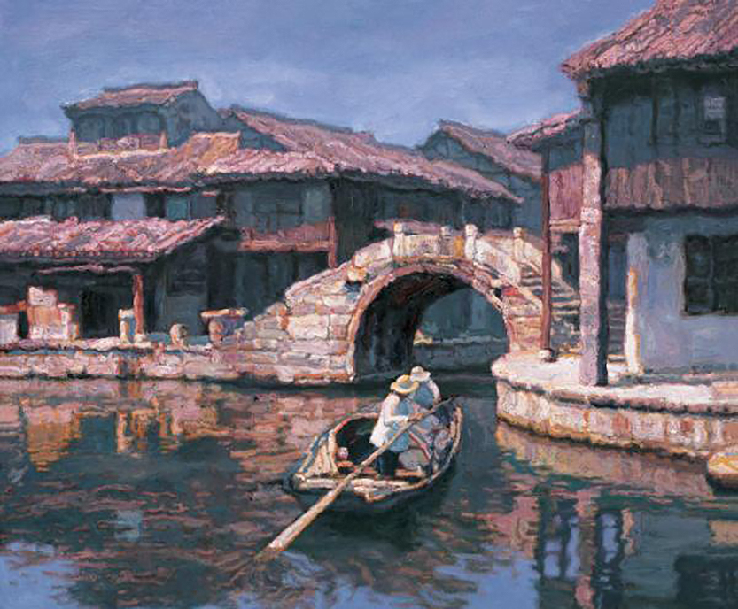 Ville d’Eau dans les Lumières de l’Aube Chinois Chen Yifei Peintures à l'huile